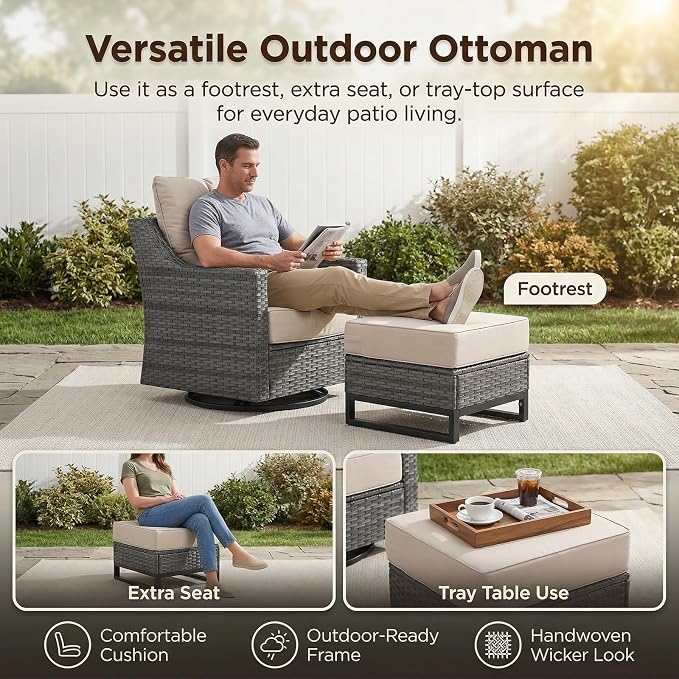 6 Piece Patio Furniture Set, Grey Wicker Outdoor Conversation Set with 2 Wicker Chairs, Sofa, 2 Ottomans and Side Table, 6-Inch Thick Cushions, Beige Covers for Porch, Deck, Patio