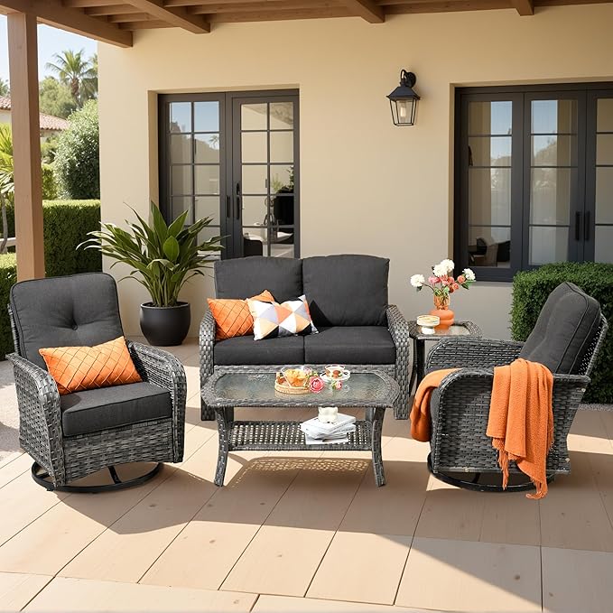 5 Pieces Wicker Patio Furniture Set, High Back Swivel Rocker Chairs Outdoor Loveseat Sofa and Rattan Coffee Table, Outdoor Conversation Sets for Porch Deck Backyard Poolside, Black