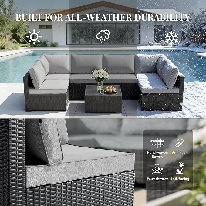 WWR Patio Furniture Set 7 Piece - All-Weather - Wicker Rattan Patio Outdoor Conversation Set, Modular Sectional Sofa for Backyard, Garden, Poolside, Balcony, Porch, Patio, Black/Light Gray