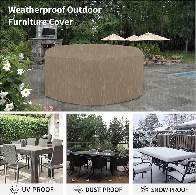 Easy-Going 600D Heavy Duty Round Patio Furniture Cover, Outdoor Table and Chair Set Cover, Waterproof Outdoor Sectional Furniture Set Cover (62" DIAx 28" H, Camel)