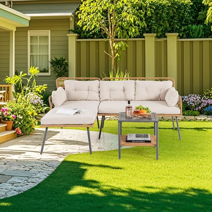 Tangkula 3 Pieces Corner Patio Furniture Set, PE Rattan L-Shaped Cushioned Sofa Set with Small Coffee Table, Outdoor Conversation Set for Garden, Backyard, Lawn, Porch (Off White)
