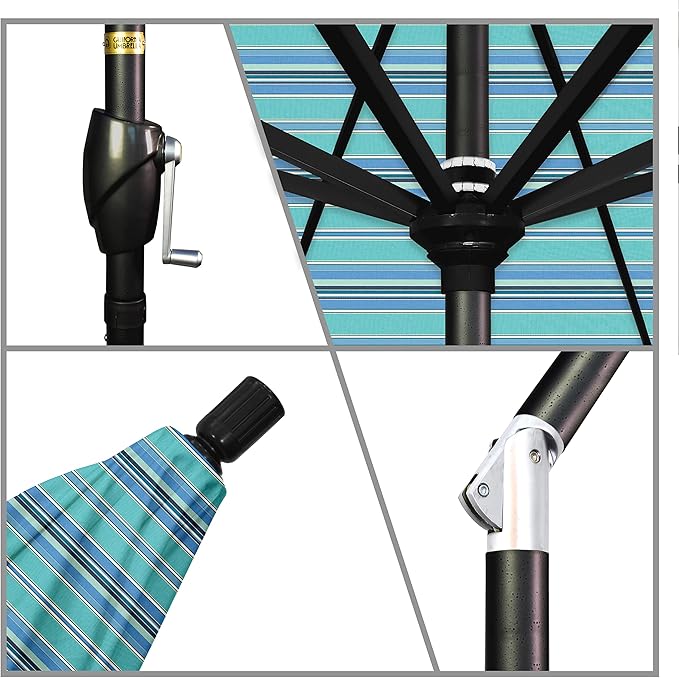 California Umbrella 7.5' Round Aluminum Market Umbrella, Crank Lift, Push Button Tilt, Black Pole, Sunbrella Dolce Oasis
