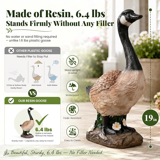 GIGALUMI 19" Large Porch Canada Goose Statue, Durable Resin Garden Decor, Hand-Painted Animal Sculpture Indoor Outdoor, Patio Lawn Yard Art Ornaments, Birthday Housewarming Gift for Women Mom Grandma