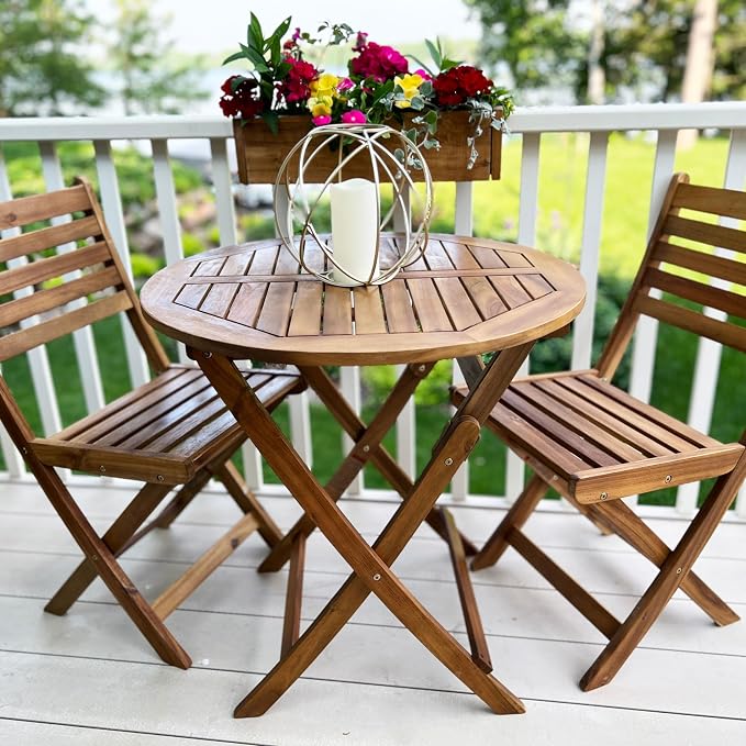 Patio Wise Folding Outdoor Patio Table, Round Foldable Acacia Wood Deck Bistro Bar, Portable Apartment, Balcony, Railing & Porch Furniture, 27 1/2-inch Diameter, Teak Color