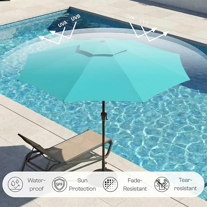 Outdoor Patio Umbrella, 2 Tiers Market Table Umbrella with 8 Sturdy Ribs, Push Button Tilt and Crank, UPF50+ UV Protection for Deck, Pool, Garden and Backyard