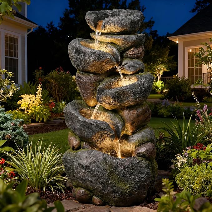36.2" H Outdoor Water Fountain with LED Lights - 5 Tier Cascading Rock Outdoor Fountains and Waterfalls for Garden or Patio, Yard, and Deck Decor, Featuring Natural Stone Look