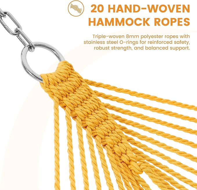 Lazy Daze Hammocks 13 FT Extra Large 2+ Person Caribbean Rope Hammock, Hand Woven Polyester XL Hammock with Spreader Bars, for Outside Outdoor Backyard Patio Poolside, 500 LBS Capacity, Yellow
