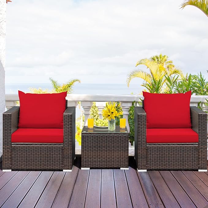 HAPPYGRILL 3 Piece Patio Furniture Set PE Rattan Wicker Sofa Set with Cushions and Coffee Table Outdoor Patio Conversation Set for Garden Poolside Balcony