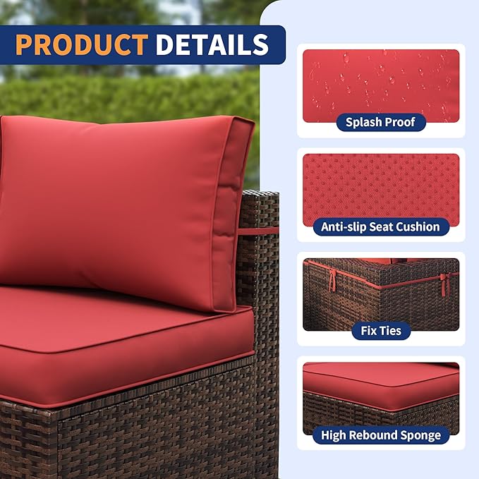Patio Furniture Set, 12-Piece Outdoor Sectional with Waterproof Cover, All-Weather Wicker Patio Conversation Sets for Backyard (Brown with Red Cushion)