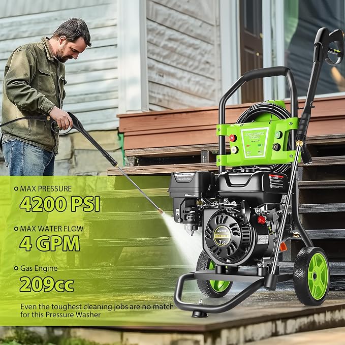 Professional 4200PSI 4GPM 209CC Gas Pressure Washer, 7.0HP Heavy-Duty 3600RPM Commercial Gas Power Washer with 750ML Foam Bottle 8" Wheels 5 Nozzles 25FT Hose (EPA/CARB/ETL Compliant), Green