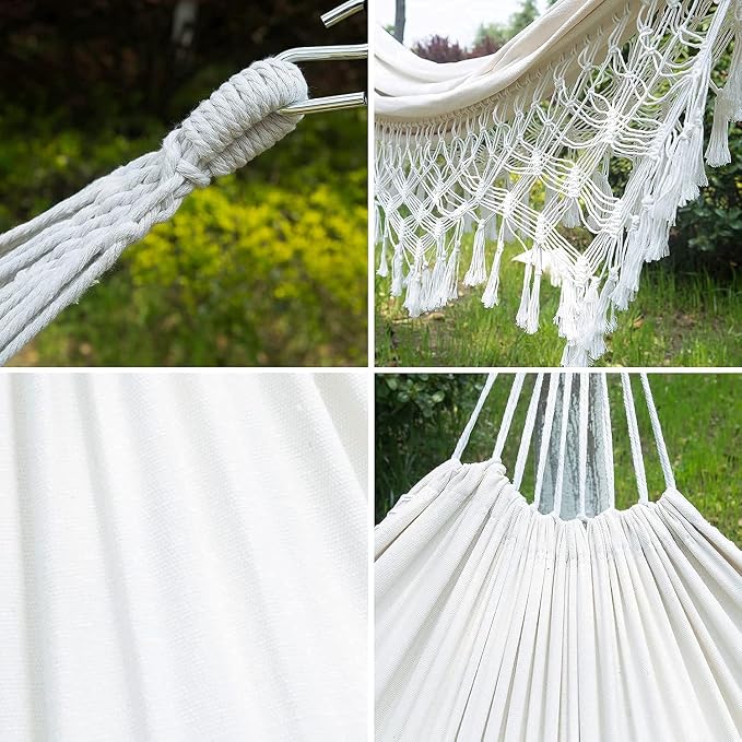 Large Boho Brazilian Macrame Fringe Double Hammock Swing for 2 - Perfect Outdoor/Indoor Patio, Camping, Travel, Bedroom, Backyard - Cozy White Design