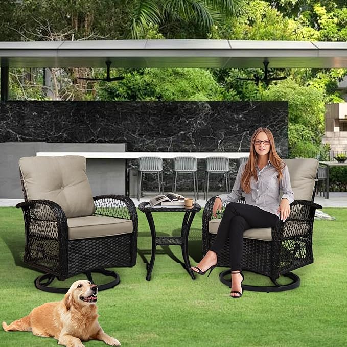 SHGJ&SOFT 3 Piece Patio Furniture Set, 2 Outdoor Swivel Rocking Chairs with Side Table, Wicker Glider Chairs, All-Weather Rattan Bistro Set for Porch, Deck, Pool (Khaki, Brown Open-Weave Rattan)