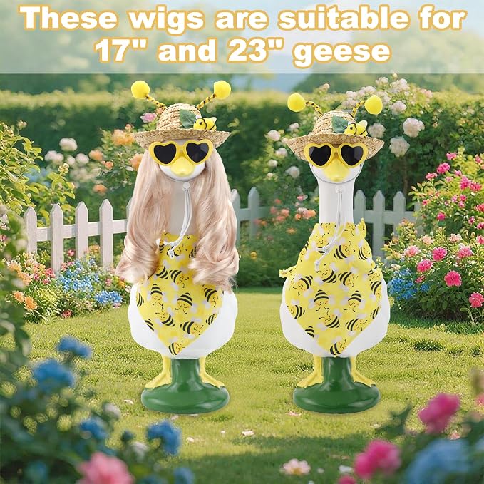 Summer Spring Bee Porch Goose Outfit 4 Piece Porch Goose Insect Outfits with Long Blonde Wig Bee Straw Hat Bandana for Outdoor Decor for Lawn Goose Statues