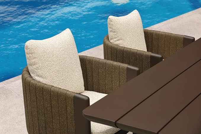 PURPLE LEAF Luxury 7-Piece Outdoor Dining Set for 6 Powder-Coated Aluminum Patio Table and Handwoven Olefin Rope Chairs with Cushions Modern Weather-Resistant Patio Furniture Bronze Sand Color