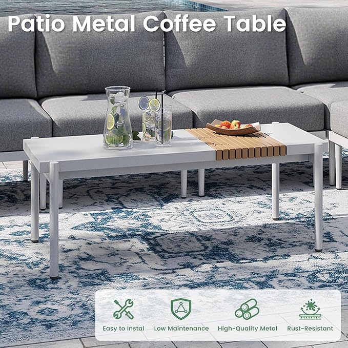 Metal Patio Furniture Set, 3 Pieces Outdoor Sectional Sofa Sets with Coffee Table, 6" Thick Cushion Modular Outdoor Conversation Set for Balcony, Patio & Courtyard (Gray/White)