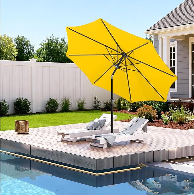 9FT Outdoor Patio Umbrella Outdoor pool Umbrella with Push Button Tilt and Crank, Market Umbrella 8 Sturdy Ribs UV Protection for Garden, Deck, Backyard (Yellow)