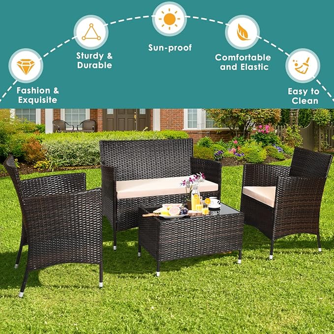 4 Pieces Patio Sofa Set, Wicker Conversation Set with Ergonomic Curved Backrest, Patio Rattan Furniture Set with Water-Resistant Cushion & Tempered Glass Table for Balcony, Porch (Brown)