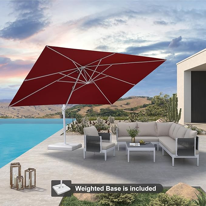 PURPLE LEAF 10' × 13' Patio Umbrella With Base White Cantilever Umbrella Square Outdoor Offset Umbrella Windproof with 360° Rotation for Garden Deck Pool, Ruby Red