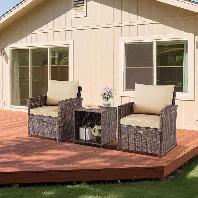 GAOMON Patio Furniture Set with Ottoman, 5 Pieces Outdoor Patio Conversation Set, Wicker Lounge Chairs with Soft Cushions & Storage Table, Outside Balcony Furniture for Porch Balcony Deck Poolside