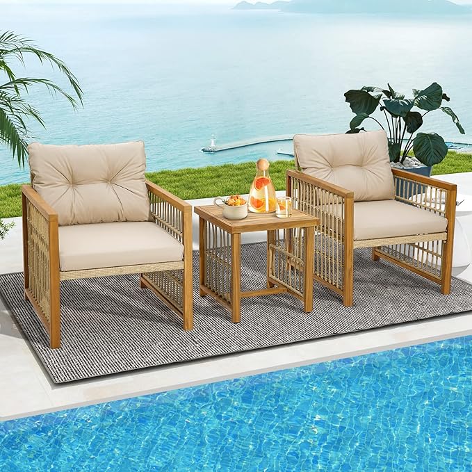 HAPPYGRILL 3 Pieces Patio Furniture Set, PE Wicker Conversation Set with Soft Seat & Back Cushions, Stable Acacia Wood Frame, Outdoor Sofa Set for Backyard, Porch, Poolside