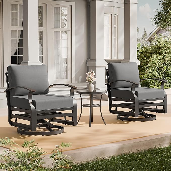 3 Piece Aluminum Swivel Rocking Chair Set, Outdoor Patio Swivel Gliders Chair with Glass Top Coffee Table, Conversation Furniture Set Suitable for Patio, Lawn, Outdoor, Back Garden(Gray)