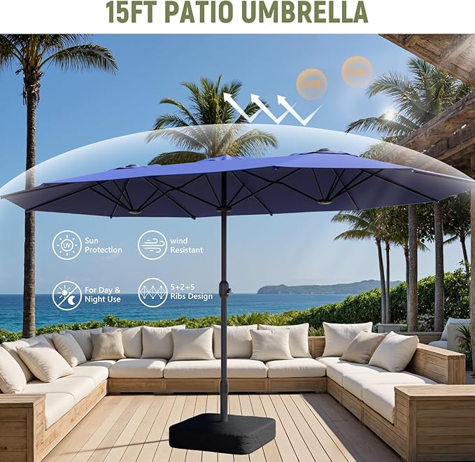 15ft Double-Sided Outdoor Patio Umbrella, Table Umbrellas with Steel Ribs, Easy Crank, Market Umbrella for Backyard & Pool