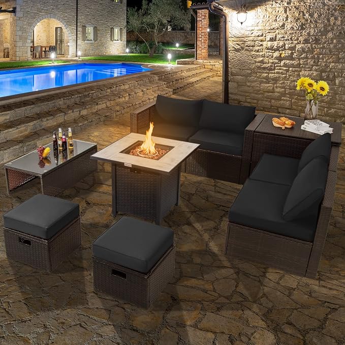 COSTWAY 9 Piece Patio Furniture Set with 30'' Fire Pit Table, Outdoor Wicker Rattan Sectional Sofa Set with 4'' Thickened Cushions, 2 Coffee Tables and 2 Ottomans for Poolside Backyard (Black)