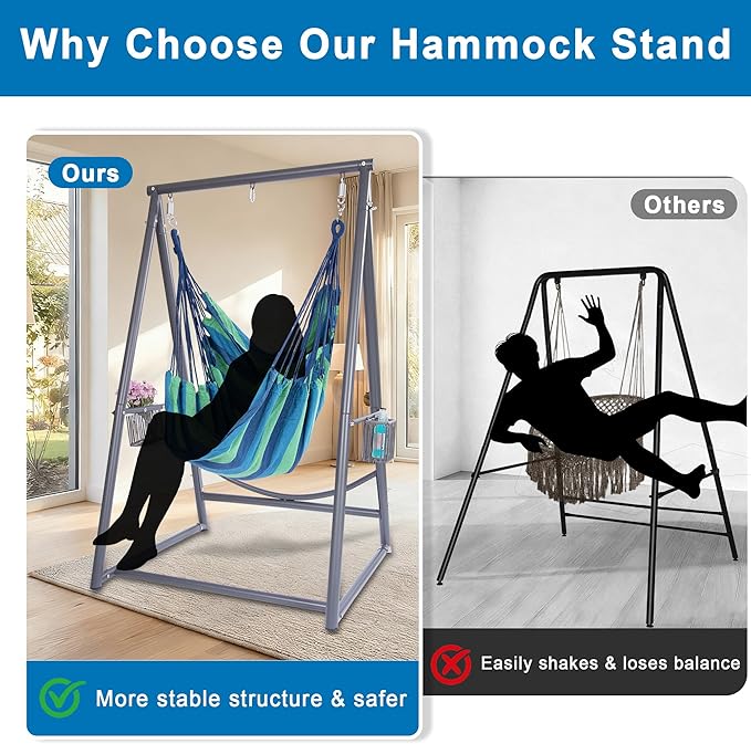 Hammock Chair with Stand Hanging Rope Swing Chair, Heavy-Duty Steel Max 350 LBS Capacity for Indoor Outdoor Patio Garden Balcony (Grey)