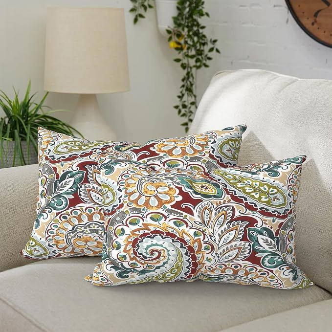 DYTXIII Pack of 2 Outdoor Waterproof Lumbar Pillow Covers ONLY, 12x20 Rectangle Decorative Double Printed Pillow Cases for Patio Couch Porch Furniture - Paisley Chilli