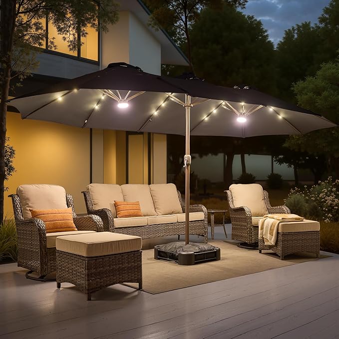 15ft Large Patio Umbrellas with Base & Solar Lights,Outdoor Rectangle Double-Sided Market Umbrella with Stand & 38 LED Lights,Outside Umbrellas for Poolside Deck Backyard (Dark Grey)
