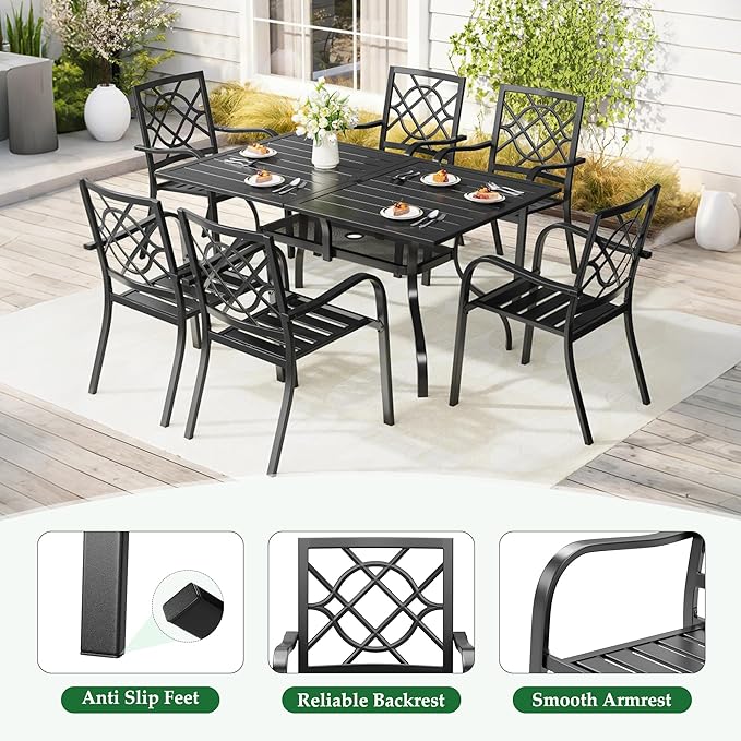Crownland 7 Piece Outdoor Patio Metal Dining Sets, 6 Stackable Metal Chairs and Rectangular Outdoor Dining Table with 1.57" Umbrella Hole, for Backyard, Lawn, Garden (Classic Black)