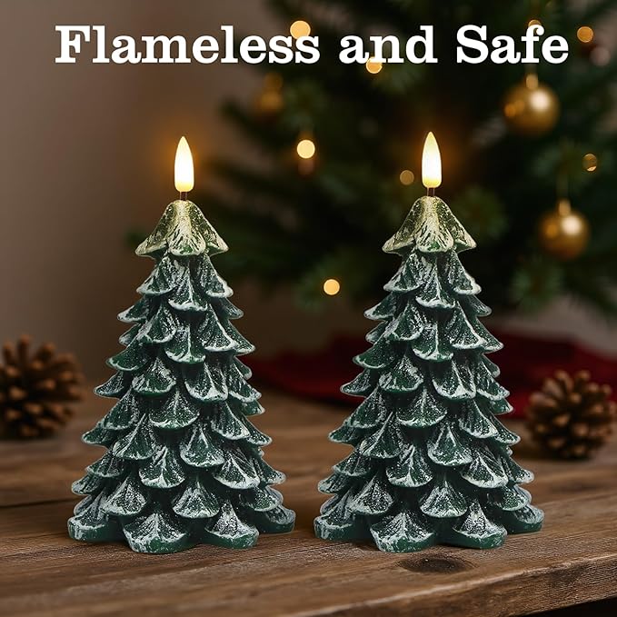 Christmas Tree Flameless Candles with 6H Timer, 2 Pcs Battery Operated LED Pillar Candle with Flickering 3D Wick, White Flocked Decoration Green Candles for Home Décor Christmas Gifts