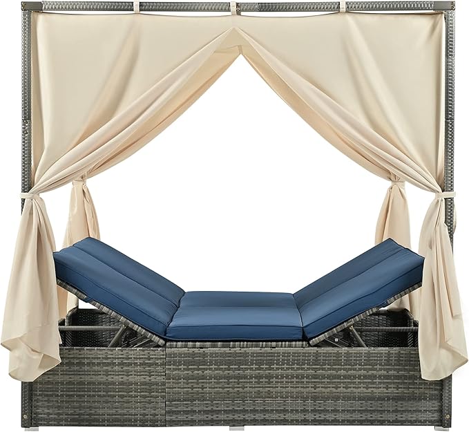 KEVINSPACE Outdoor Daybed with Curtain Canopy Bed Patio Furniture Adjustable Sunbed Set All-Weather Rattan Sun Lounger Patio Wicker Sofa Set Patio Conversation Set Curtains for Garden Yard Blue