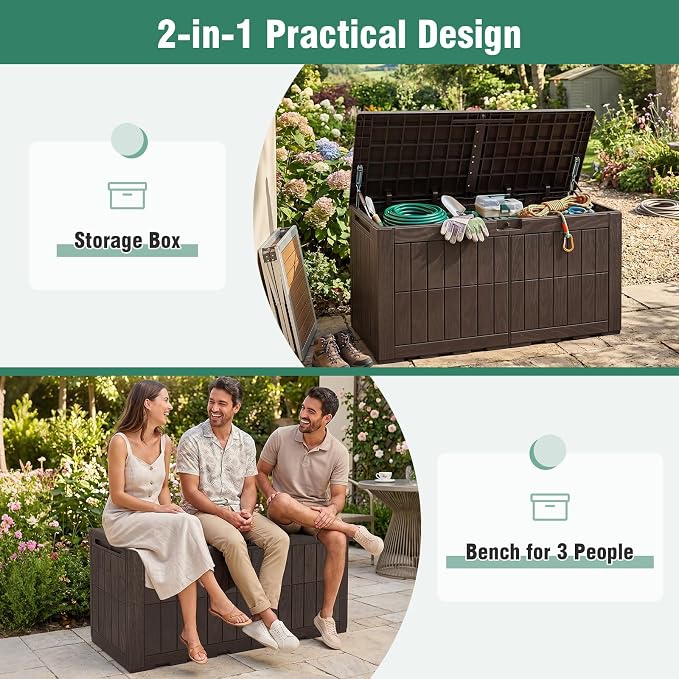 Tangkula 120 Gallon Outdoor Storage Box, Waterproof PP Resin Patio Storage Box with Lockable Lid for Indoor & Outdoor Use, 2-in-1 Rattan Design Deck Box for Cushions, Garden Tools
