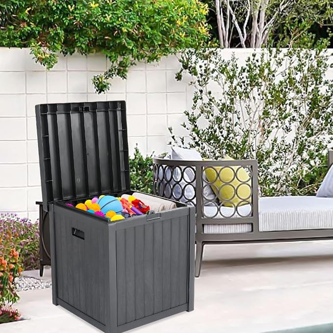 51 Gallon Medium Deck Box Outdoor Storage Box, Resin Garden Storage Chest with Overarching Waterproof Lid, Patio Bench Seat for Cushions & Tools, Gray
