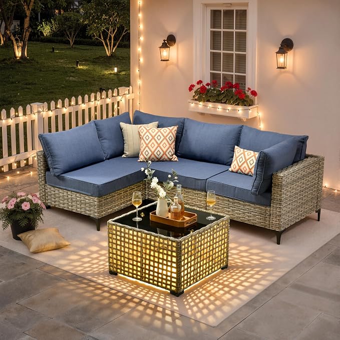 5 Piece Outdoor Sectional Patio Furniture Set with Solar Lighted Coffee Table, Modular Wicker Conversation Set with Flexible L-Shaped Layout for Porch Balcony Backyard, Denim Blue