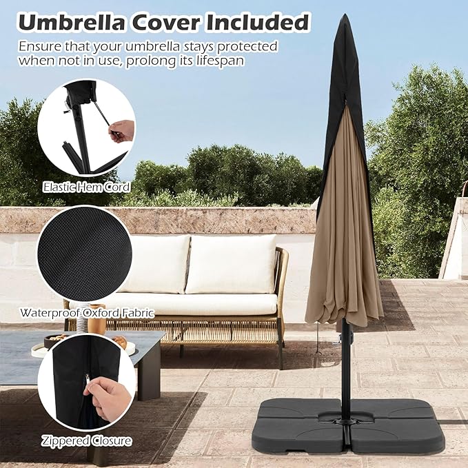 Tangkula 10FT Offset Hanging Umbrella with Cover, Patio Cantilever Umbrella w/ Easy Tilt Adjustment, Crank, Ruffled Edge, 8 Ribs, Sun-Protective Canopy, Heavy-Duty Outdoor Parasol for Pool Garden Deck (Tan)