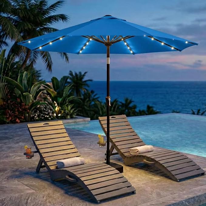 Kingdura 9FT Outdoor Patio Umbrella with Solar Lights, Market Table Umbrella with Push Button Tilt & Crank, 8 Sturdy Ribs, 32 LED Lights, UV Protection for Garden Lawn Deck Backyard Pool (Royal blue)