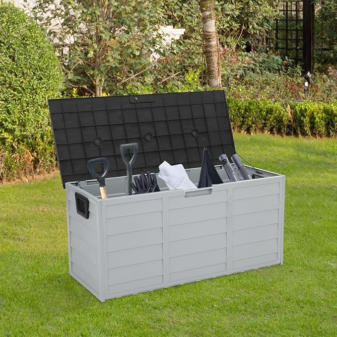 75 Gallon Outdoor Deck Box, Waterproof Storage Box with Wheels, Lockable Wheels, Patio Storage Box Storage, Resin Structure for Garden,Patio (Gray)