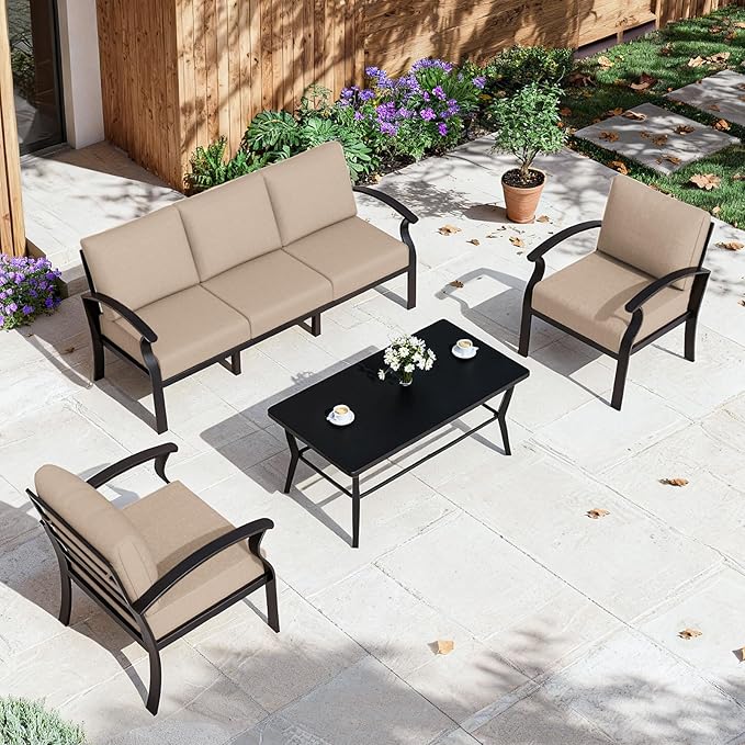 ALAULM Aluminum Patio Furniture Set with Coffee Table Rectangular，5-seat Outdoor Sectional Furniture w/Swivel Chairs，Patio Conversation Set for Porch, Backyard, Poolside-Sand
