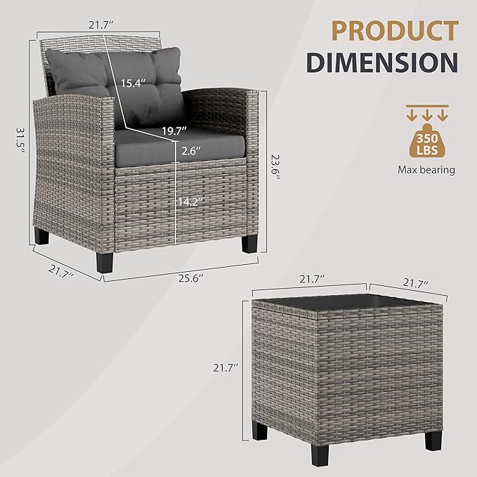 JAMFLY 3 Piece Wicker Patio Furniture Set - Space Saving Outdoor Rattan Conversation Set with Soft Cushions & Glass Coffee Table for Balcony, Porch, Small Backyard - All Weather Grey Bistro Set
