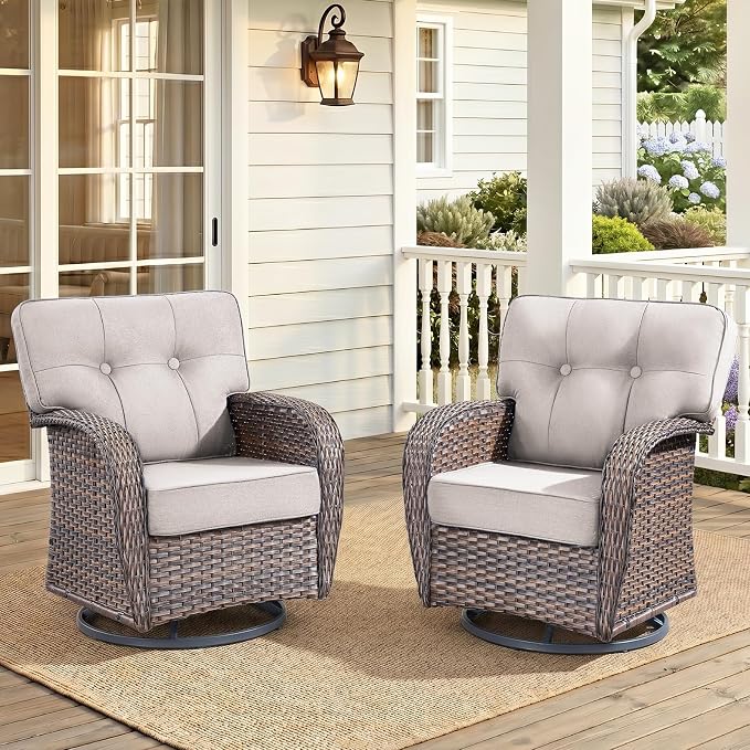 2-Piece Wicker Patio Furniture Set with 5-Inch Thick Cushions Weather Resistant Rattan High Back Swivel Rocker Chairs Senior Friendly Conversation Set for Small Porch Deck Sunroom Brown/Beig