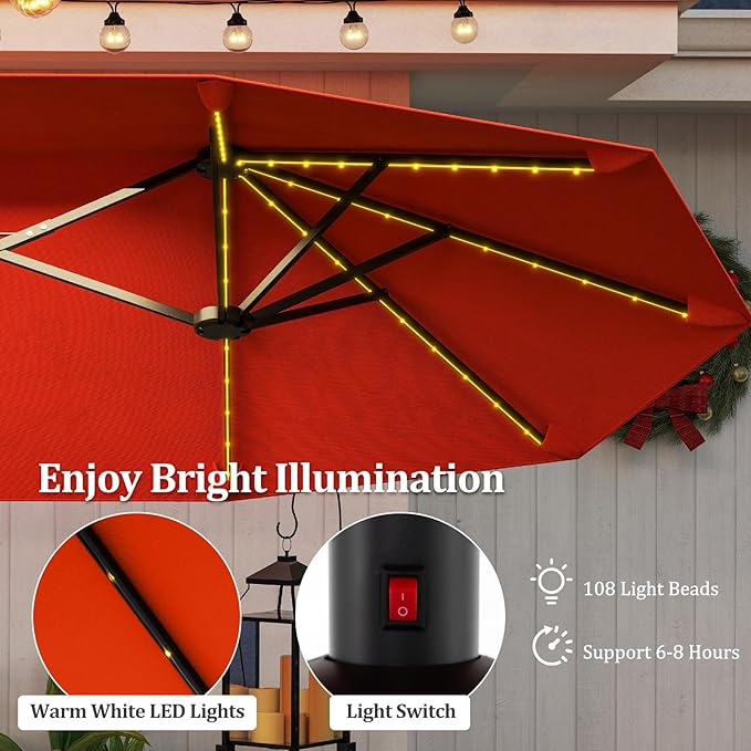 HAPPYGRILL 13 FT Double-sided Patio Umbrella with Solar Lights, Crank Handle & 12 Heavy-Duty Ribs, Outdoor Twin Size Oversized Rectangle Market Umbrella for Garden Deck Poolside