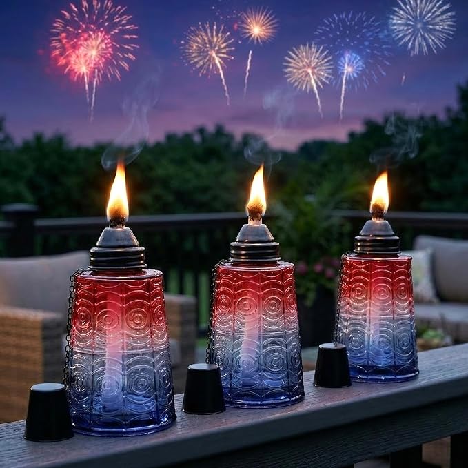 Seraphic Citronella Table Top Torches for Outdoor Patio, 16oz Decorative Glass Torch Citronella Candles for Outside Deck, Garden, Parties, Set of 3, Red/White/Blue