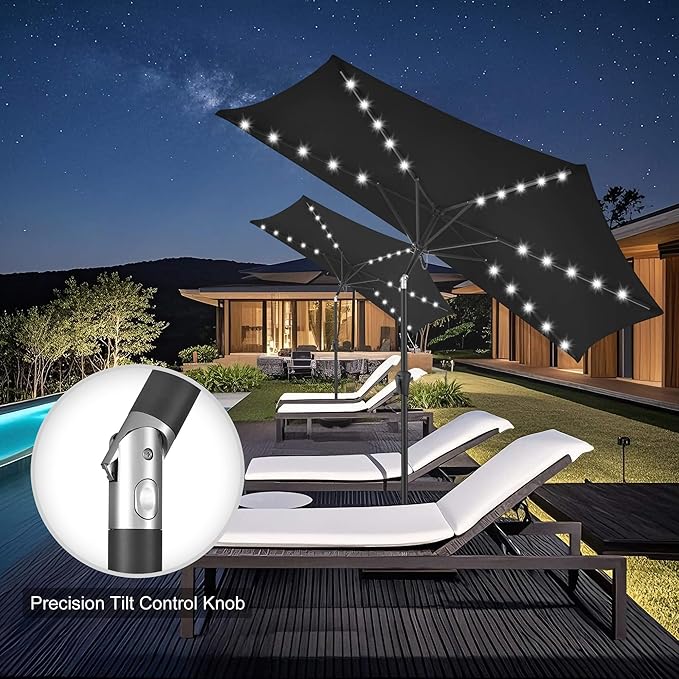 FLAME&SHADE 9 FT Solar Half Patio Umbrella with 25 LED Lights, Half Outdoor Umbrella with Button Tilt, Half Round Table Umbrella For Deck, Backyard, Balconies, Decks, Rvs, UV Protection (Black)