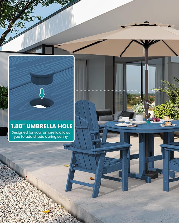 SERWALL 5-Piece Patio Dining Sets, HDPE Outdoor Table and Chairs Furniture Set, 45" Round Dining Table and 4 Adirondack Dining Chair, Navy