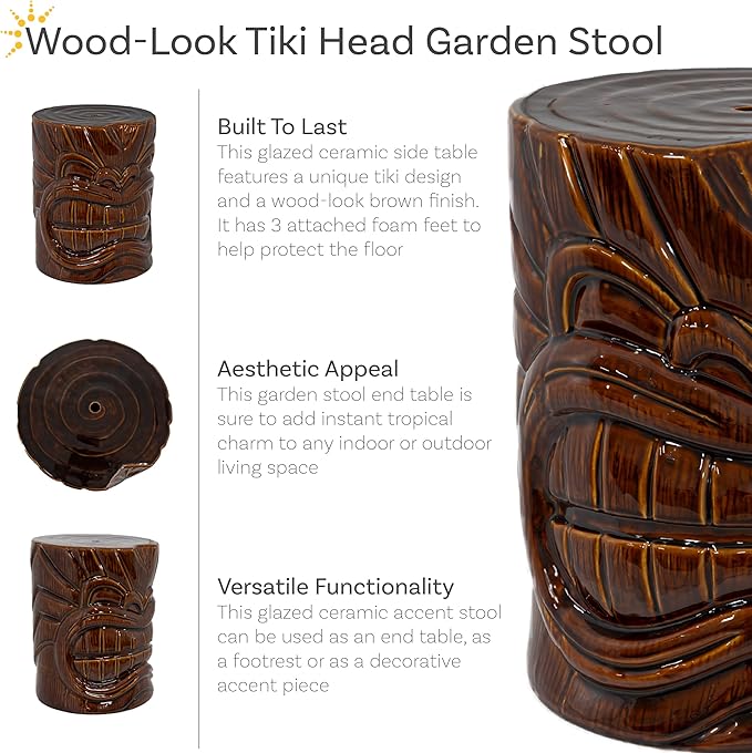 Sunnydaze Tropical Tiki Head Ceramic Garden Stool Side Table with Wood-Look Finish - Indoor or Outdoor Use - 17.25-Inch H