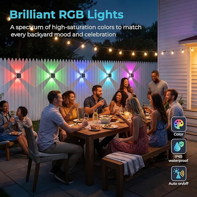 Solar Fence Lights 2 Pack – RGB & Warm White Color Changing, 4-Sided Decorative Accent Lights for Outdoor Fence, Patio, Garden – Soft Glow, All-Night Battery, IP65 Waterproof