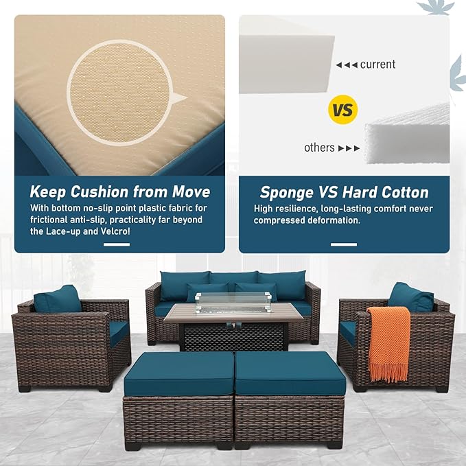6 Pieces Outdoor Furniture 60000BTU Outdoor Propane Fire Pit Wicker Patio Furniture Set 45" Steel Fire Table Anti-Slip Cushions Waterproof Covers, Peacock Blue