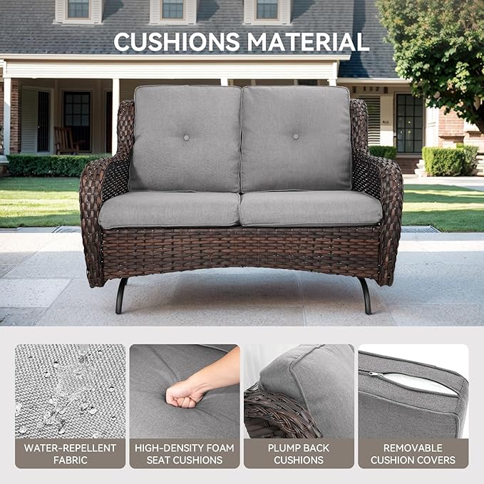 Patio Loveseat Wicker Loveseat Rattan Glider Sofa with Curved Armrest Thicking Back & Seat Cushions for Garden Balcony Backyard Brown Wicker|Grey Cushions (A) Patio Loveseat Glider